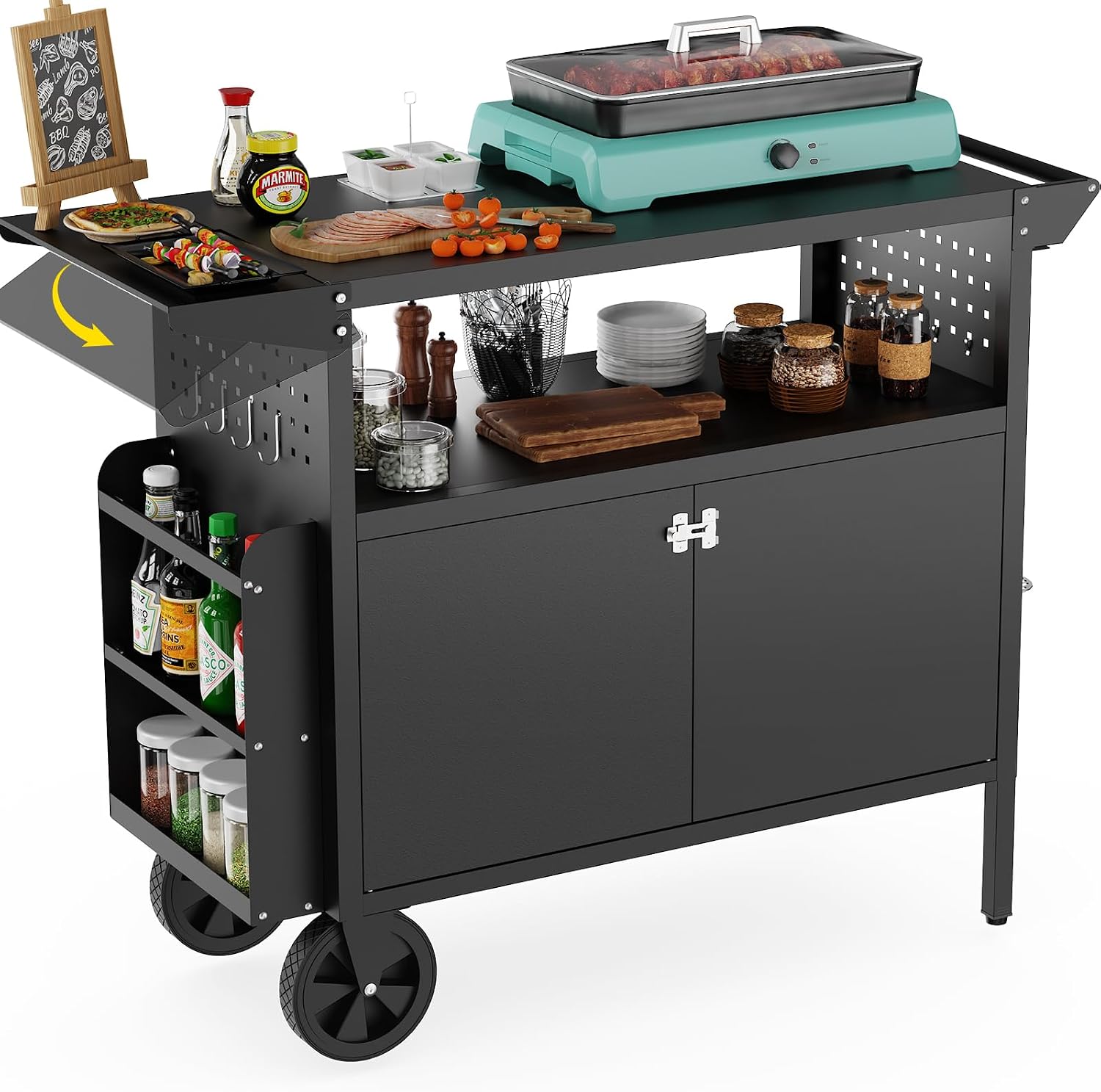 Food Storage With Wheels - Table de barbecue d'extérieur avec rangement,