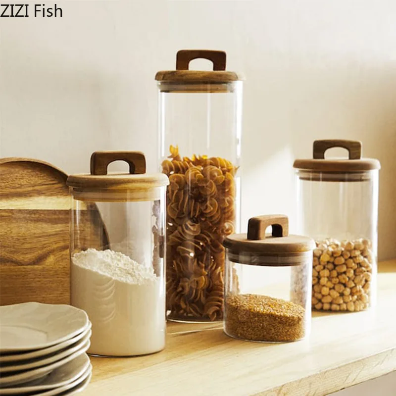 Food Storage Jars With Wooden Lids - Pot de rangement en verre avec