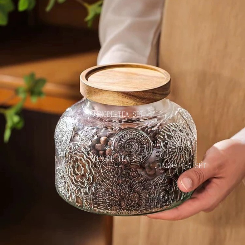 Food Storage Jars With Wooden Lids - Pot de conservation en verre gaufré